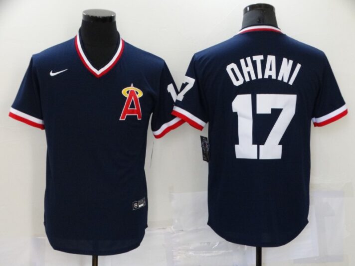 Men’s Los Angeles Angels #17 Shohei Ohtani Navy Blue Throwback Cooperstown Collection Stitched MLB Nike Jersey