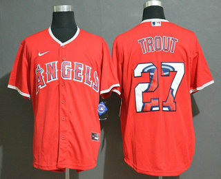 Men’s Los Angeles Angels #27 Mike Trout Red Team Logo Stitched MLB Cool Base Nike Jersey