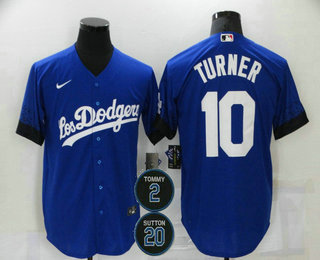 Men’s Los Angeles Dodgers #10 Justin Turner Blue #2 #20 Patch City Connect Cool Base Stitched Jersey