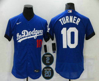 Men’s Los Angeles Dodgers #10 Justin Turner Blue #2 #20 Patch City Connect Flex Base Stitched Jersey