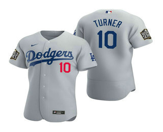 Men’s Los Angeles Dodgers #10 Justin Turner Gray 2020 World Series Authentic Flex Nike Jersey