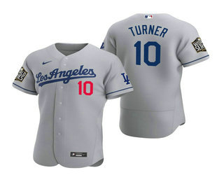 Men’s Los Angeles Dodgers #10 Justin Turner Gray 2020 World Series Authentic Road Flex Nike Jersey