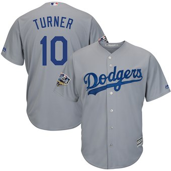 Men’s Los Angeles Dodgers #10 Justin Turner Majestic Gray 2018 World Series Cool Base Player Jersey