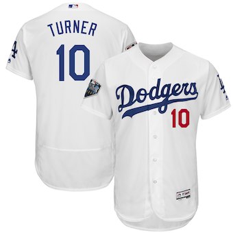 Men’s Los Angeles Dodgers #10 Justin Turner Majestic White 2018 World Series Flex Base Player Jersey