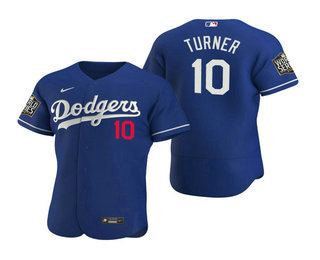 Men’s Los Angeles Dodgers #10 Justin Turner Royal 2020 World Series Authentic Flex Nike Jersey