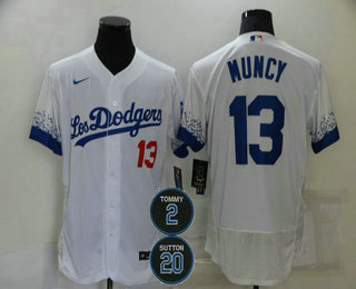 Men’s Los Angeles Dodgers #13 Max Muncy White #2 #20 Patch City Connect Flex Base Stitched Jersey