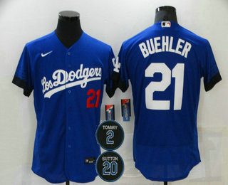 Men’s Los Angeles Dodgers #21 Walker Buehler Blue #2 #20 Patch City Connect Flex Base Stitched Jersey