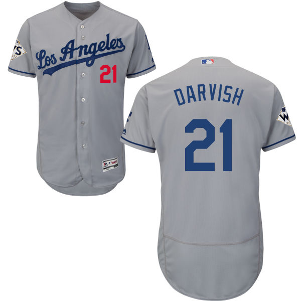 Men’s Los Angeles Dodgers #21 Yu Darvish Grey Flexbase Authentic Collection 2017 World Series Bound Stitched MLB Jersey