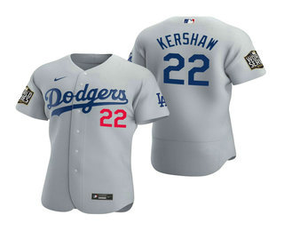 Men’s Los Angeles Dodgers #22 Clayton Kershaw Gray 2020 World Series Authentic Flex Nike Jersey