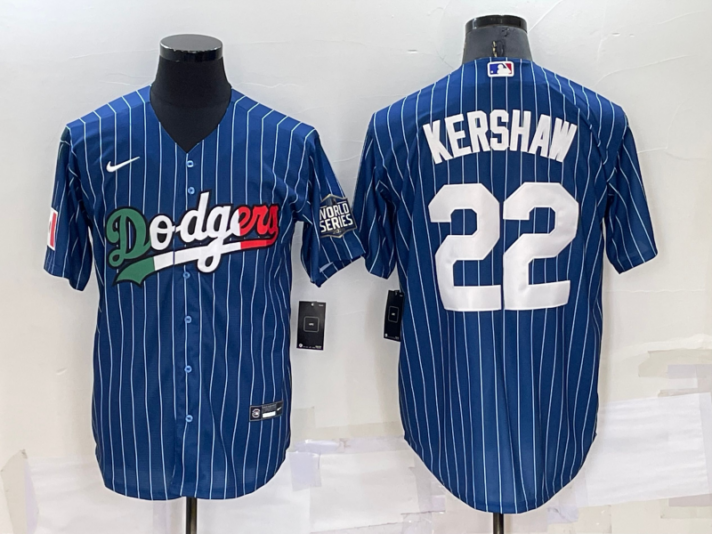 Men’s Los Angeles Dodgers #22 Clayton Kershaw Navy Blue Pinstripe 2020 World Series Cool Base Nike Jersey