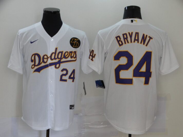 Men’s Los Angeles Dodgers #24 Kobe Bryant White With Purple Name KB Patch Stitched MLB Cool Base Nike Jersey