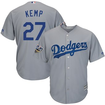 Men’s Los Angeles Dodgers #27 Matt Kemp Majestic Gray 2018 World Series Cool Base Player Jersey