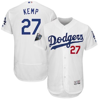 Men’s Los Angeles Dodgers #27 Matt Kemp Majestic White 2018 World Series Flex Base Player Jersey