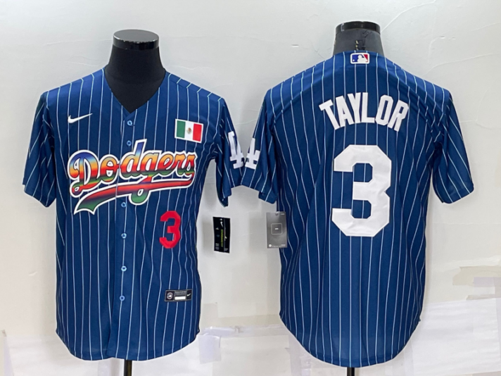 Mens Los Angeles Dodgers #3 Chris Taylor Number Rainbow Blue Red Pinstripe Mexico Cool Base Nike Jersey