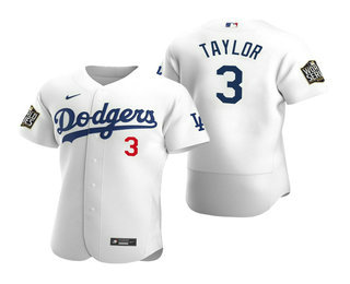 Men’s Los Angeles Dodgers #3 Chris Taylor White 2020 World Series Authentic Flex Nike Jersey