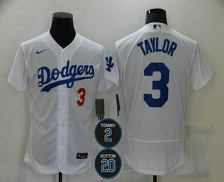 Men’s Los Angeles Dodgers #3 Chris Taylor White#2 #20 Patch Stitched MLB Flex Base Nike Jersey
