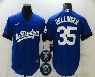 Men’s Los Angeles Dodgers #35 Cody Bellinger Blue #2 #20 Patch City Connect Cool Base Stitched Jersey