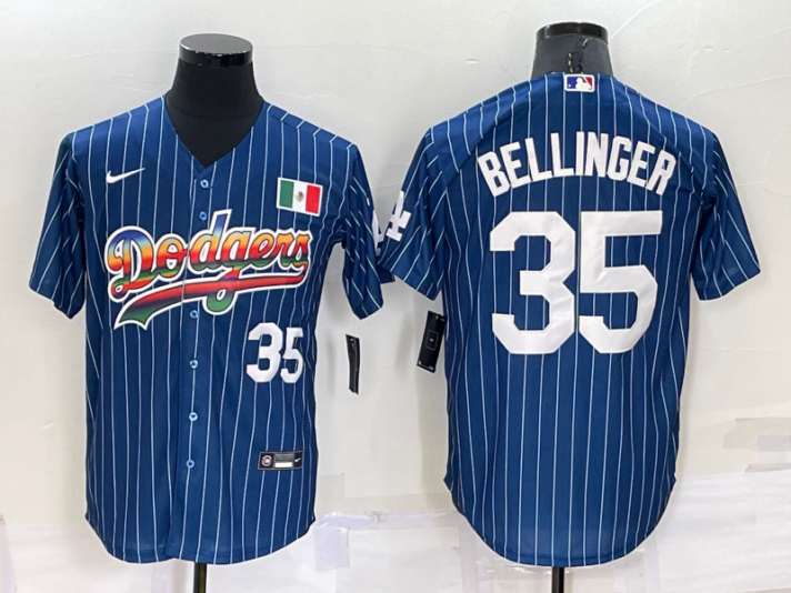Mens Los Angeles Dodgers #35 Cody Bellinger Number Rainbow Blue Red Pinstripe Mexico Cool Base Nike Jersey