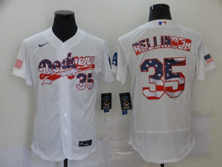 Men’s Los Angeles Dodgers #35 Cody Bellinger White USA Flag Stitched MLB Flex Base Nike Jersey