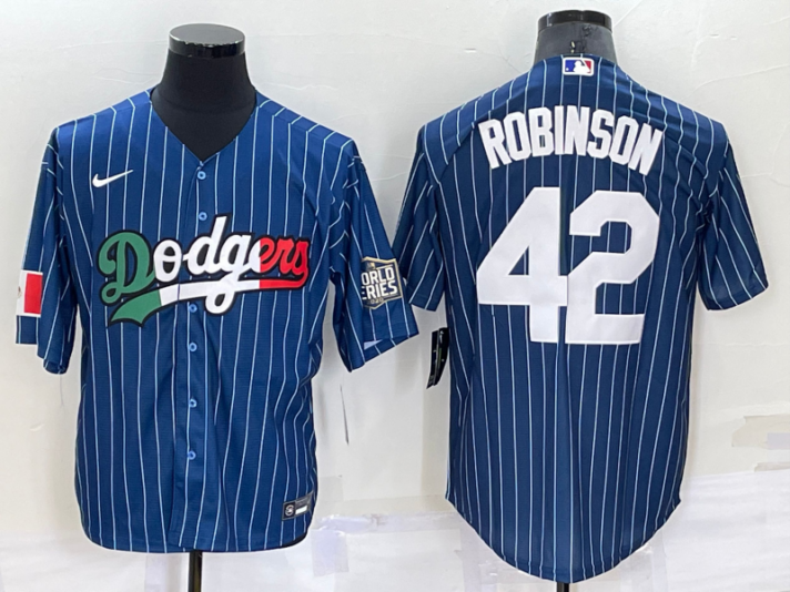 Men’s Los Angeles Dodgers #42 Jackie Robinson Navy Blue Pinstripe 2020 World Series Cool Base Nike Jersey