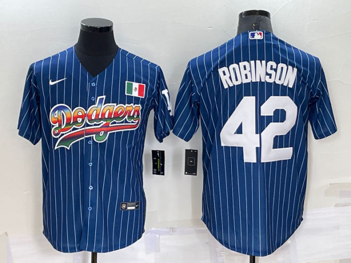 Men’s Los Angeles Dodgers #42 Jackie Robinson Rainbow Blue Red Pinstripe Mexico Cool Base Nike Jersey