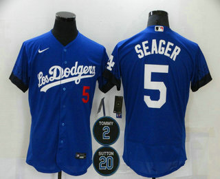 Men’s Los Angeles Dodgers #5 Corey Seager Blue #2 #20 Patch City Connect Flex Base Stitched Jersey