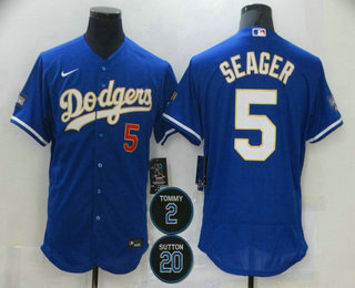 Men’s Los Angeles Dodgers #5 Corey Seager Blue #2 #20 Patch Stitched MLB Flex Base Nike Jersey