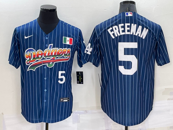 Mens Los Angeles Dodgers #5 Freddie Freeman Number Rainbow Blue Red Pinstripe Mexico Cool Base Nike Jersey