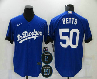 Men’s Los Angeles Dodgers #50 Mookie Betts Blue #2 #20 Patch City Connect Cool Base Stitched Jersey