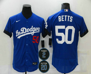 Men’s Los Angeles Dodgers #50 Mookie Betts Blue #2 #20 Patch City Connect Flex Base Stitched Jersey