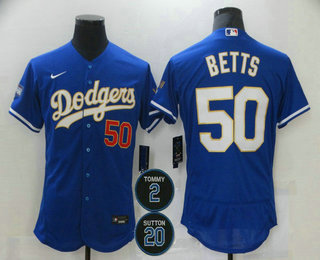Men’s Los Angeles Dodgers #50 Mookie Betts Blue Gold #2 #20 Patch Stitched MLB Flex Base Nike Jersey