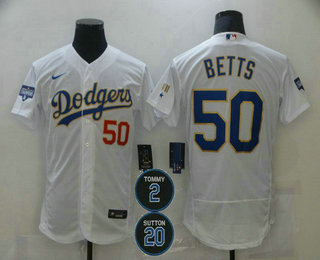 Men’s Los Angeles Dodgers #50 Mookie Betts White Gold #2 #20 Patch Flex Base Sttiched MLB Jersey