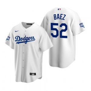 Men’s Los Angeles Dodgers #52 Pedro Baez White 2020 World Series Champions Replica Jersey