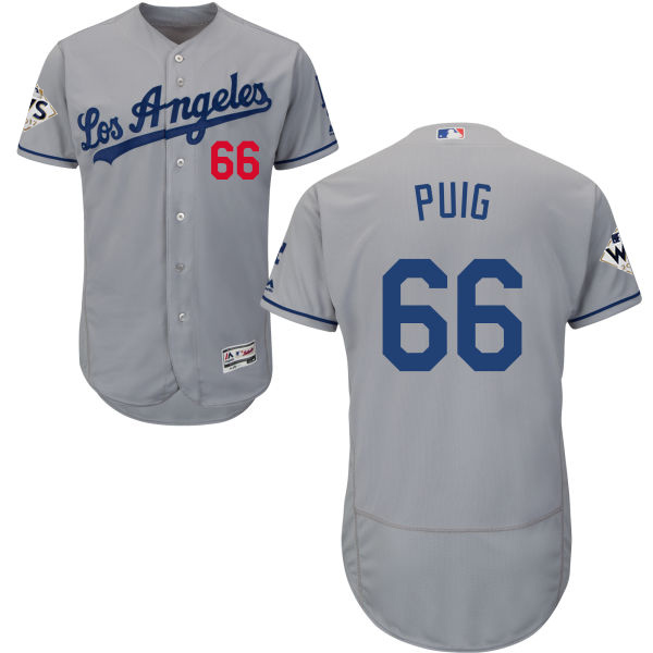 Men’s Los Angeles Dodgers #66 Yasiel Puig Grey Flexbase Authentic Collection 2017 World Series Bound Stitched MLB Jersey