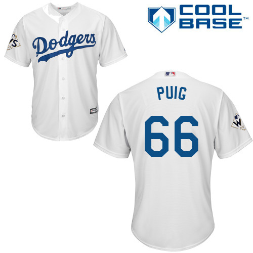 Men’s Los Angeles Dodgers #66 Yasiel Puig White New Cool Base 2017 World Series Bound Stitched MLB Jersey