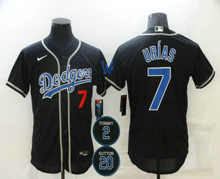 Men’s Los Angeles Dodgers #7 Julio Urias Black Blue #2 #20 Patch Stitched MLB Flex Base Nike Jersey