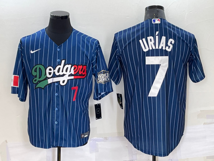 Mens Los Angeles Dodgers #7 Julio Urias Number Navy Blue Pinstripe 2020 World Series Cool Base Nike Jersey
