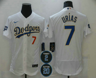 Men’s Los Angeles Dodgers #7 Julio Urias White Gold #2 #20 Patch Stitched MLB Flex Base Nike Jersey