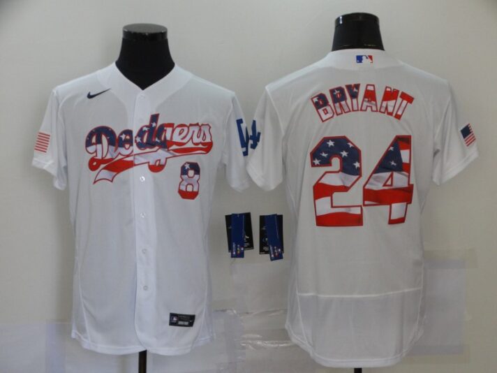 Men’s Los Angeles Dodgers #8 #24 Kobe Bryant White USA Flag Stitched MLB Flex Base Nike Jersey