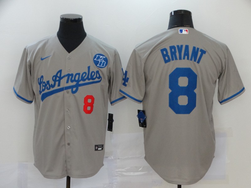 Men’s Los Angeles Dodgers #8 Kobe Bryant Grey KB Patch Stitched MLB Cool Base Nike Jersey