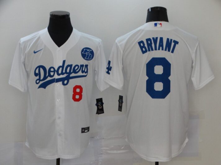 Men’s Los Angeles Dodgers #8 Kobe Bryant White KB Patch Stitched MLB Cool Base Nike Jersey