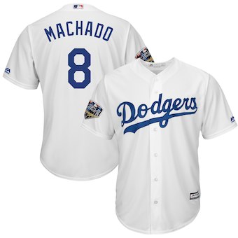 Men’s Los Angeles Dodgers #8 Manny Machado Majestic White 2018 World Series Cool Base Player Jersey