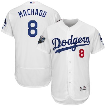 Men’s Los Angeles Dodgers #8 Manny Machado Majestic White 2018 World Series Flex Base Player Jersey