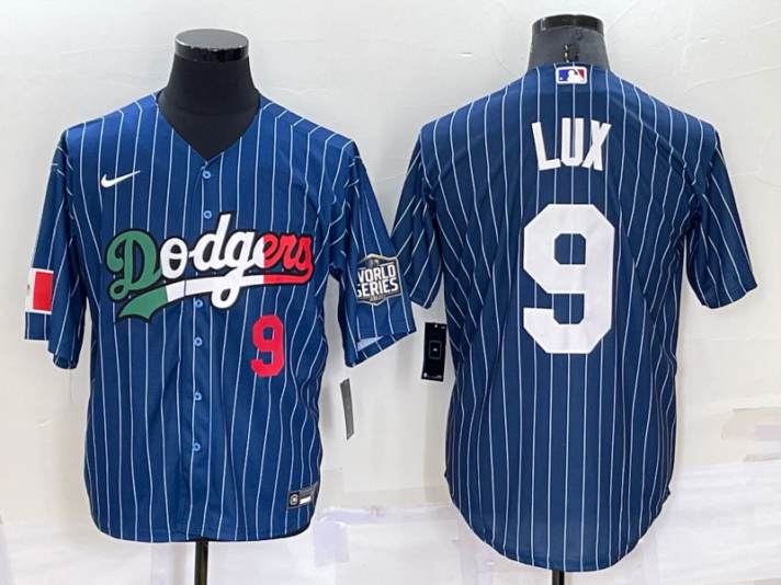 Men’s Los Angeles Dodgers #9 Gavin Lux Number Navy Blue Pinstripe 2020 World Series Cool Base Nike Jersey