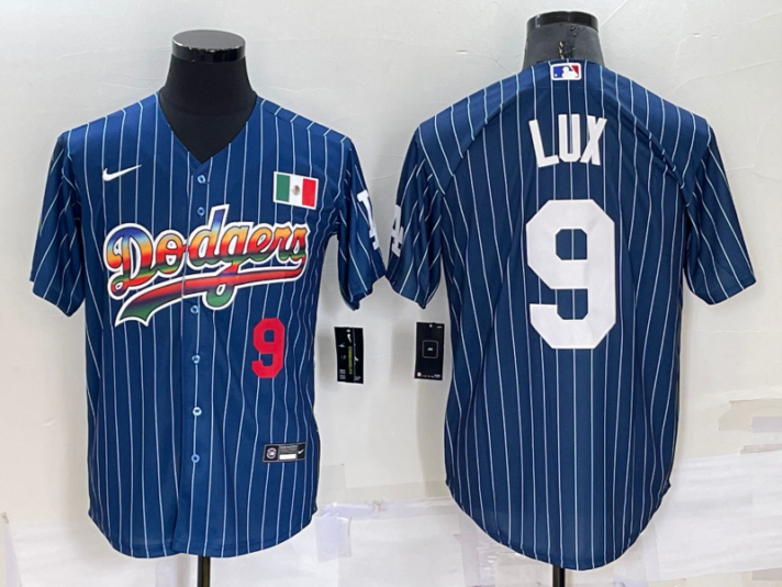 Men’s Los Angeles Dodgers #9 Gavin Lux Number Rainbow Blue Red Pinstripe Mexico Cool Base Nike Jersey