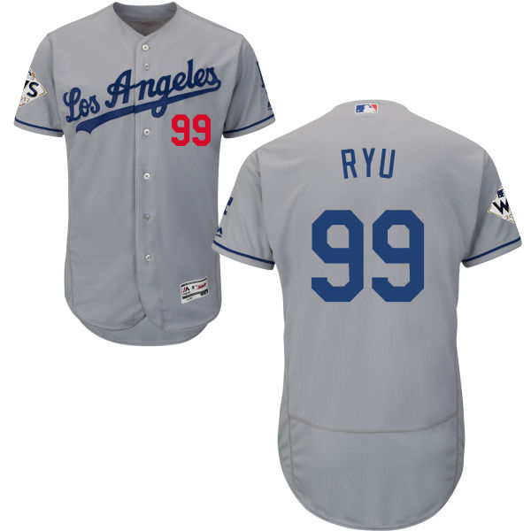 Men’s Los Angeles Dodgers #99 Hyun-Jin Ryu Grey Flexbase Authentic Collection 2017 World Series Bound Stitched MLB Jersey