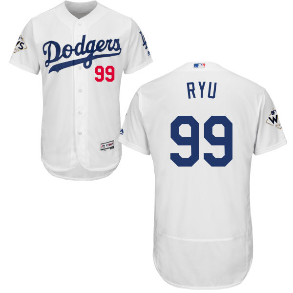 Men’s Los Angeles Dodgers #99 Hyun-Jin Ryu White Flexbase Authentic Collection 2017 World Series Bound Stitched MLB Jersey