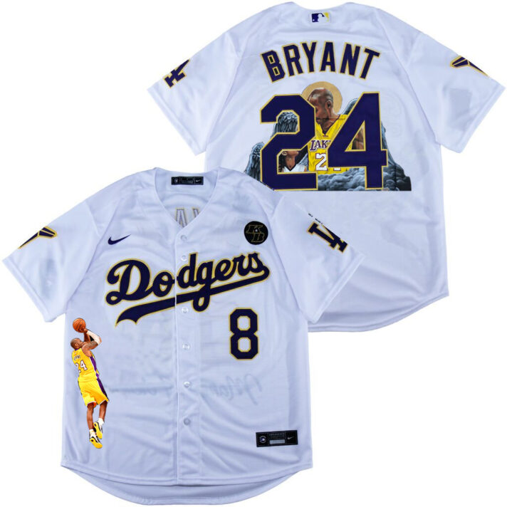 Men’s Los Angeles Dodgers Front #8 Back #24 Kobe Bryant White With KB Patch Cool Base Stitched MLB Fashion Jersey