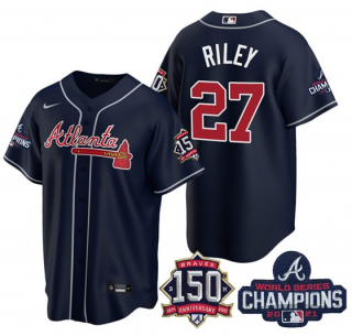 Men’s Navy Atlanta Braves #27 Austin Riley 2021 World Series Champions With 150th Anniversary Patch Cool Base Stitched Jersey