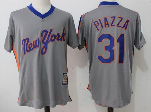 Men’s New York Mets #31 Mike Piazza Retired Gray Pullover Stitched MLB Majestic Cooperstown Collection Jersey